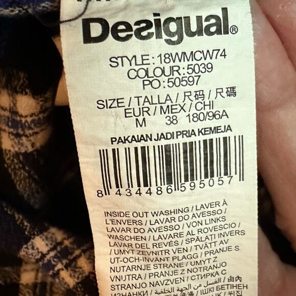 Desigual Blue Plaid Embroidered Funky Print Shirt Button Long Sleeve Mens MEDIUM - Picture 9 of 13